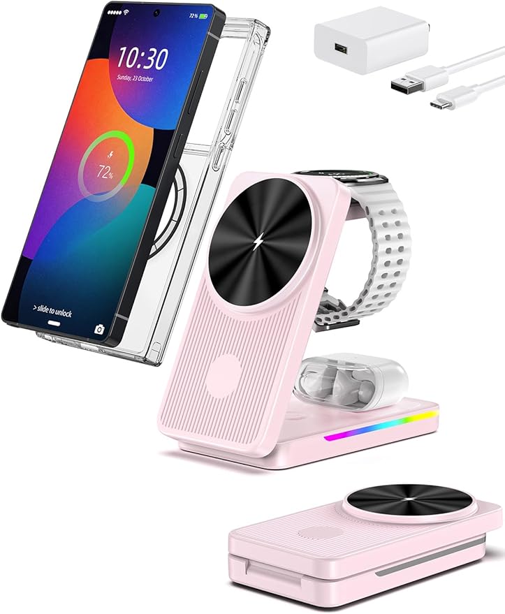 Magnetic Wireless Charger for Samsung Galaxy S26 Ultra, 3 in 1 Wireless Charging Station for Samsung Watch 8, Travel Foldable MagSafe Charger Stand for Android S25 Ultra/Z Fold/Z Flip 7, Buds 4 Pro