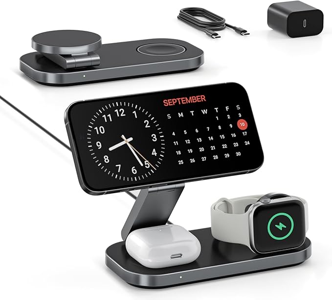 Keepro 3-in-1 Charging Station for Apple Device, Foldable Magnetic Wireless Fast Charger Stand Compatible with MagSafe for iPhone 17e/17/16/15/14/13/12/Air Series, Apple Watch & AirPods-Black