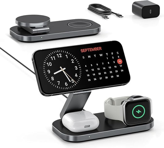 Keepro 3-in-1 Charging Station for Apple Device, Foldable Magnetic Wireless Fast Charger Stand Compatible with MagSafe for iPhone 17e/17/16/15/14/13/12/Air Series, Apple Watch & AirPods-Black