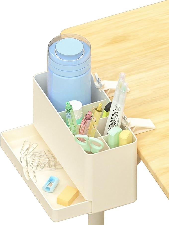 Desk Side Storage Organizer, Desk Cup Holder, No Drill Pen/Pencil/Phone Holder with Hanging Under Table, Clamp On Desktop Side, Stationery Organization Accessories for Home Office(M-size)