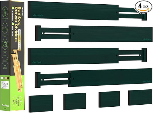 ANTOWIN Expandable Bamboo Drawer Dividers Organizers, Drawer Separators Splitter,17-22 inches Long Adjustable Spring-loaded Organizer for Large Utensil, Clothes, Tools(Dark Green)