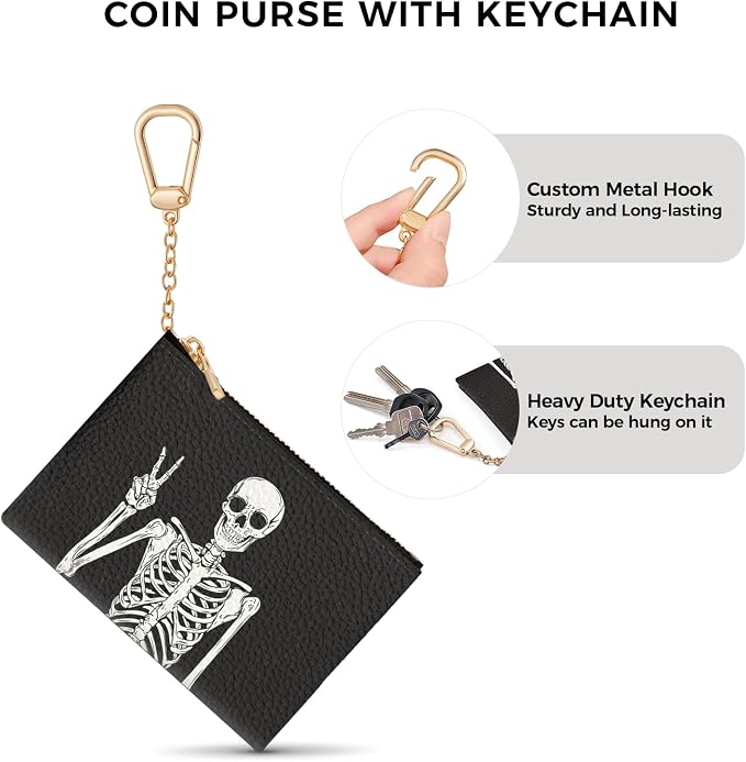 Funny Skull Skeleton Keychain Coin Purse for Women, Small PU Leather Change Pouch, Zipper Little Tiny Travel Wallet for Girls, Cute Kawaii Zip Pocket Coin Holder with Key Ring