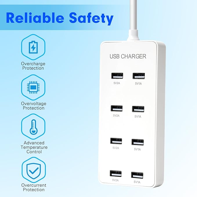 USB 8 Port Desktop Portable Charging Station, Suitable for Charging Multiple Devices simultaneously, Super Compatible with Mobile Phones, Tablets, Bluetooth Earphones, and Other USB Charging Devices