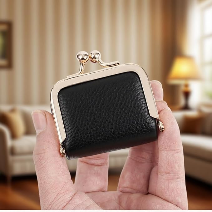 Genuine Leather Mini Jewelry Box & Vintage Wallet for Women - Compact Travel Coin Purse, Lipstick Storage Organizer, Retro Leather Clutch Case (Black/Mini)