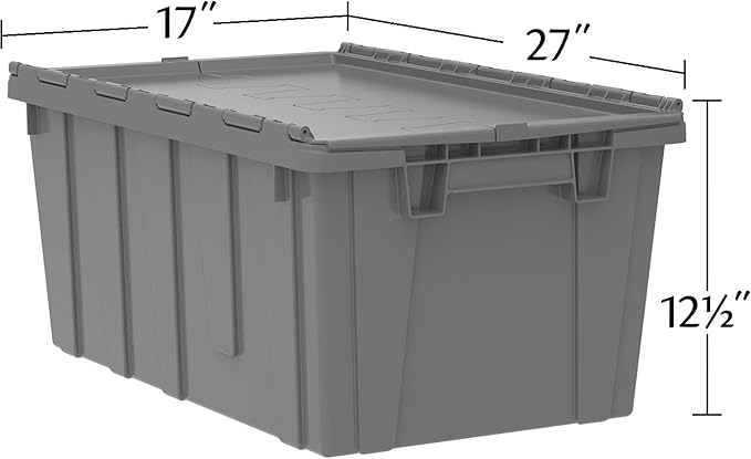 Buckhorn AR2717120202000 Industrial Plastic Stackable Storage Tote Container with Hinged Attached Lid, 27-Inch L x 17-Inch W x 12-Inch H, Red