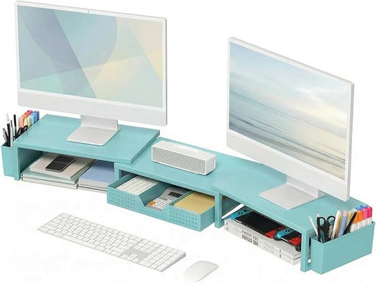 OPNICE Desk Organizers and Accessories, Dual Monitor Stand Riser with Drawer and 2 Pen Holders, Desk Shelf Metal Computer Monitor Stand for Office Workspace Organizers, Desktop Organization (Blue Metal)