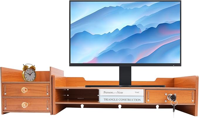 AngelcityCC Monitor Stand Riser, 3 Tiers Laptop Computer Monitor Riser, Desktop Wooden Screen Monitor Stand Riser with Drawers&Lock for Home Office School