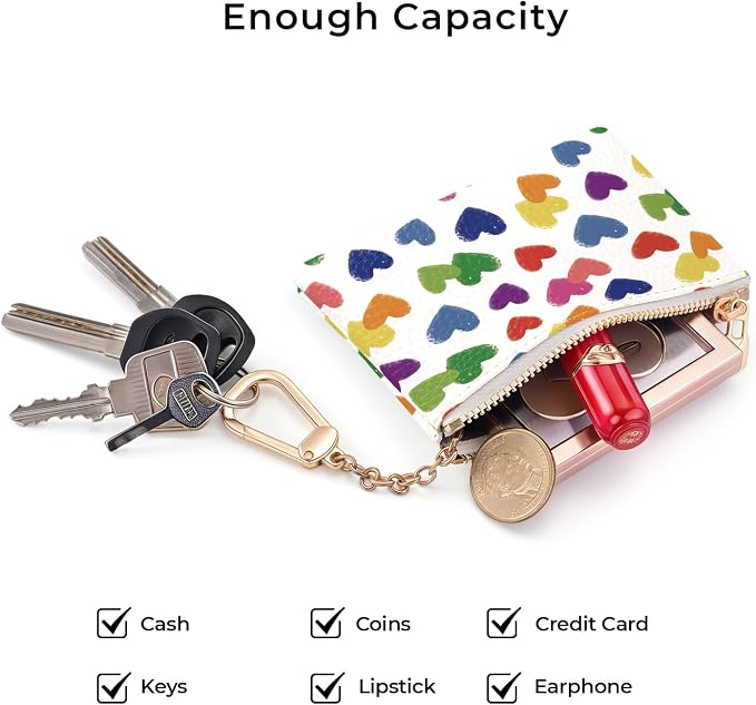 Love Hearts Keychain Coin Purse for Women, Small PU Leather Change Pouch, Zipper Little Tiny Travel Wallet for Girls, Cute Kawaii Zip Pocket Coin Holder with Key Ring
