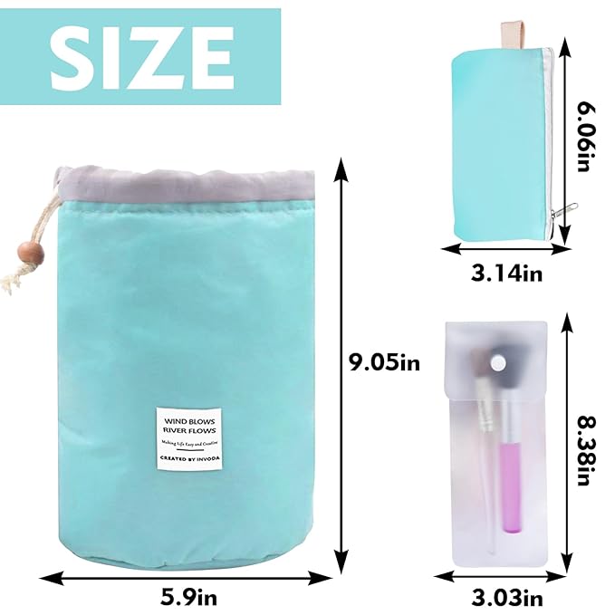INVODA Drawstring Cosmetic Bag 2PCS Travel Makeup Bag for Women Toiletry Bag Portable Drawstring Make up Organizer Bag for Travel (Green+Blue)