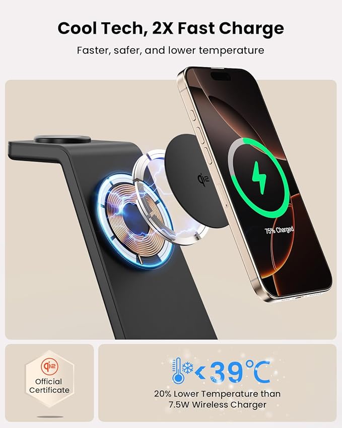 Magsafe Wireless Charging Station for iPhone: 3 in 1 15W Magnetic Portable Desktop Charging Station Qi2 Certified Charger Stand for iPhone17/16/15/14/13/12 Series, Apple Watch, AirPods 4/3/2/Pro