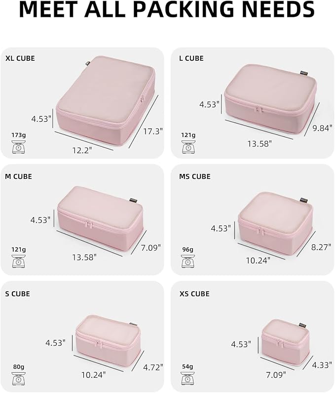 Compression Packing Cubes for Travel, 6-Piece Set (Large/Medium/Small), Double-Zip Luggage Organizers for Suitcase & Carry-On, Clothes Storage Bags (Dusty Pink, 6 Pack)
