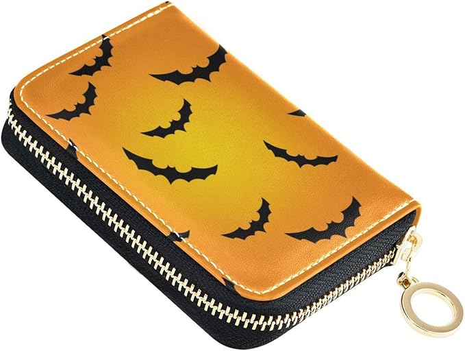 Halloween Bat RFID Credit Card Holder Wallets Accordion for Women Leather Zipper Card Case Accordion Wallet for Ladies Girls