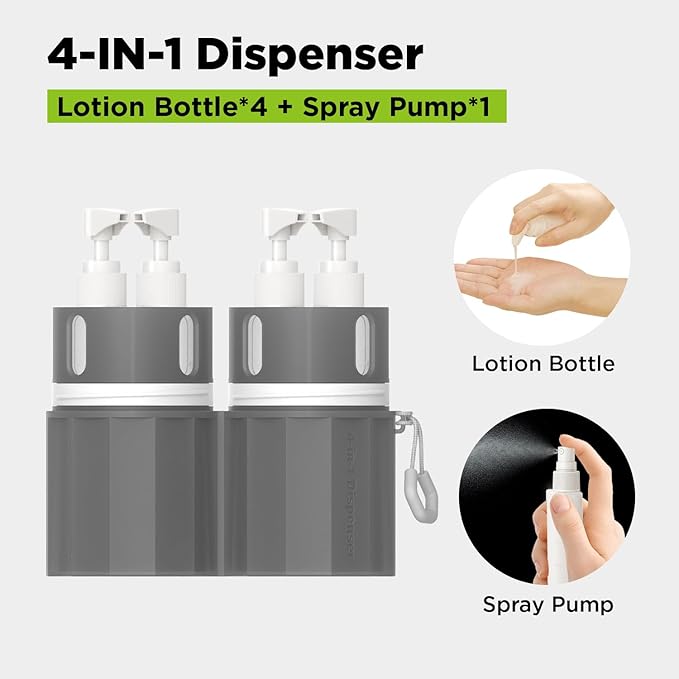 2P 4 in 1 Travel Toiletry Containers,TSA Approved Refillable Travel Size Toiletries Bottles Set with Suction Cup for Smooth Walls - for Shampoo,Conditioner,Body Wash,Lotion. (Pink+Grey)