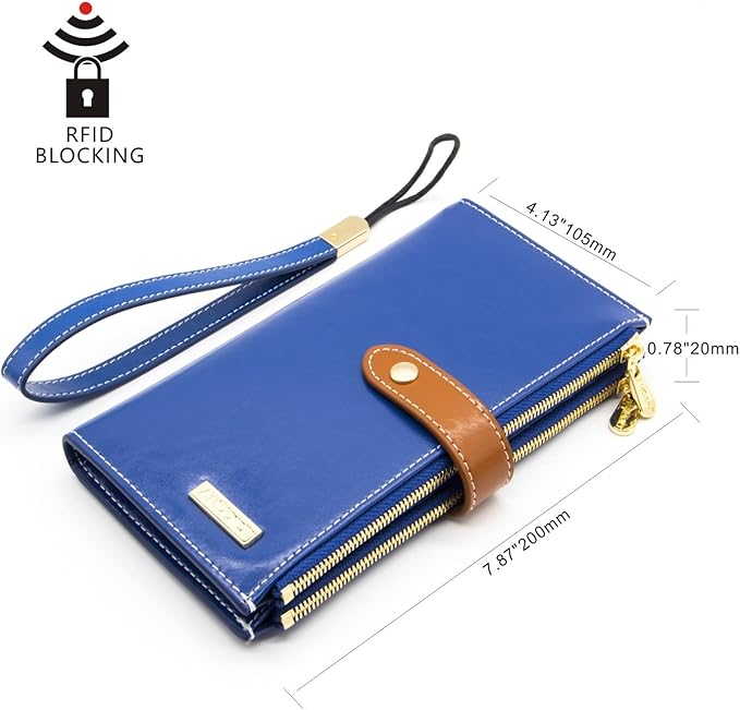 ANDOILT Women's Genuine Leather Wallet RFID Blocking Credit Card Holder Zipper Purse Cell Phone Handbag
