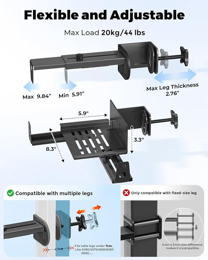 JOY worker No Drilling Under Desk PC Mount for Standing Desk, Clamp-On Desk Leg Computer Mount with Extra Protective Arms, Adjustable Computer Case CPU Holder Holds Up to 44lbs, Black