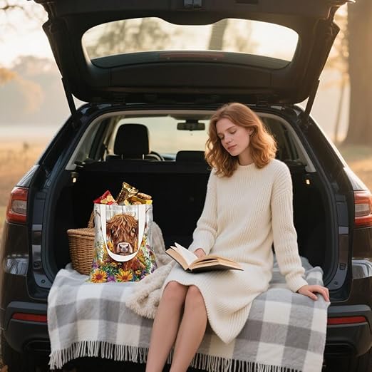 Highland Cattle Car Trash Bag Flowers Waterproof Hanging Garbage Bag with Snap Buttons Car Back Seat Trash Storage Portable Dustbin Vehicle Rubbish Bags for Kitchen Home Travel Camping