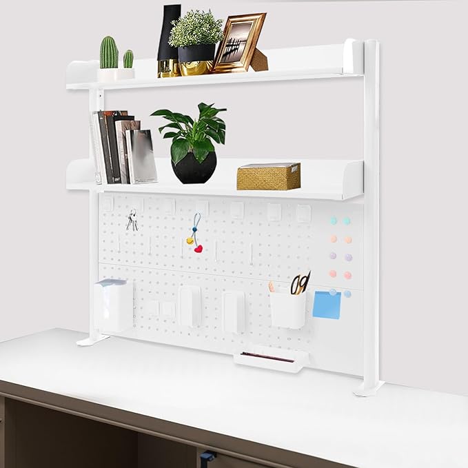 Clamp-On Pegboard Desk Organizer, 2-Tier Clamp On Desk Shelf with Hooks, Office Accessory Organizer for Books, Office Supplies & DIY Storage, 16.5lbs Capacity, 39.37" x 37.4", White