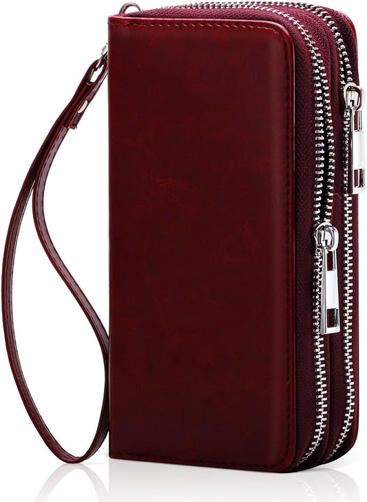 Cellphone Wallet for Women Dual Zipper Long Purse with Removable Wristlet