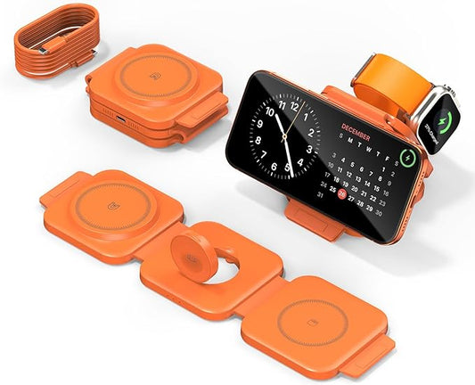 3 in 1 Charging Station for Apple Multiple Devices, Foldable Magnetic Fast Wireless Charger Dock, Travel Charging Pad for iPhone 17 16 15 14 13 12 Pro Max Plus Apple Watch Series & AirPods Orange