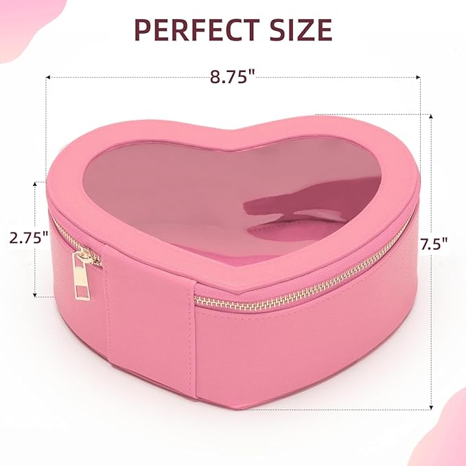 Pink Heart Makeup Bag-Heart Shaped Valentine Day Gift for Her,Pink Clear Top Open Cosmetic Organizer, Large Waterproof Travel Makeup Bag for Girls Women