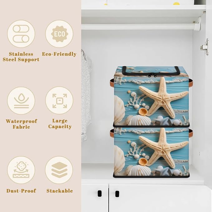 Ocean Shells Starfish Storage Bins With Zipper Lid, Collapsible Trunk Organizer, Car Organizers and Storage Bins with Lids, Decorative Storage Boxes with Handle, Home Storage Baskets for Organizing