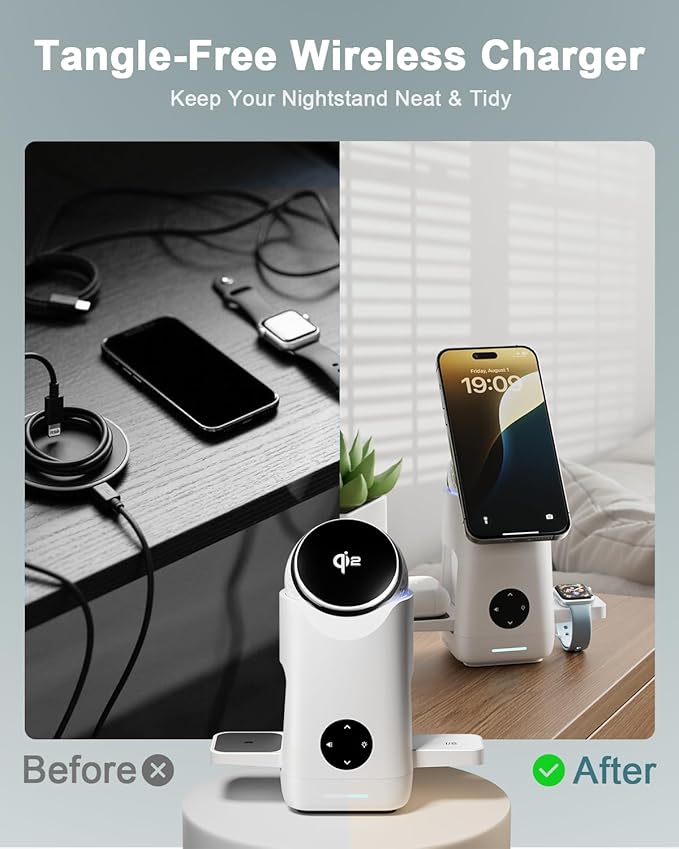 3-in-1 Charging Station for Apple & Samsung - Qi2 Certified 15W Rotating Wireless Mag-Safe Charger Stand for Apple - iPhone 17 16 15 14 13 12, AirPods, Apple & Galaxy Watch, Samsung S25 S24 Bud(White)