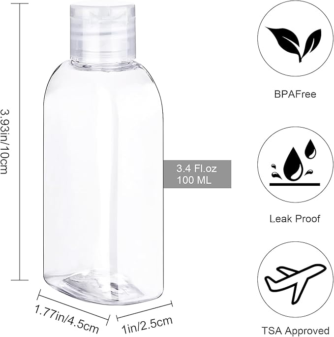 Cosywell Travel Shampoo Bottles 6pcs 3.4oz TSA Approved Travel Bottles for Toiletries Leak Proof Refillable Lotion Containers with Flip Cap Small Plastic Squeeze Bottle(Clear)