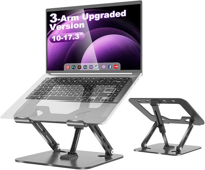 Adjustable Laptop Stand for Desk, Portable Laptop Riser with 3 Support Arms, Super Sturdy Foldable Metal Ventilated Ergonomic Notebook Holder for MacBook/Dell/HP (10-17.3'')