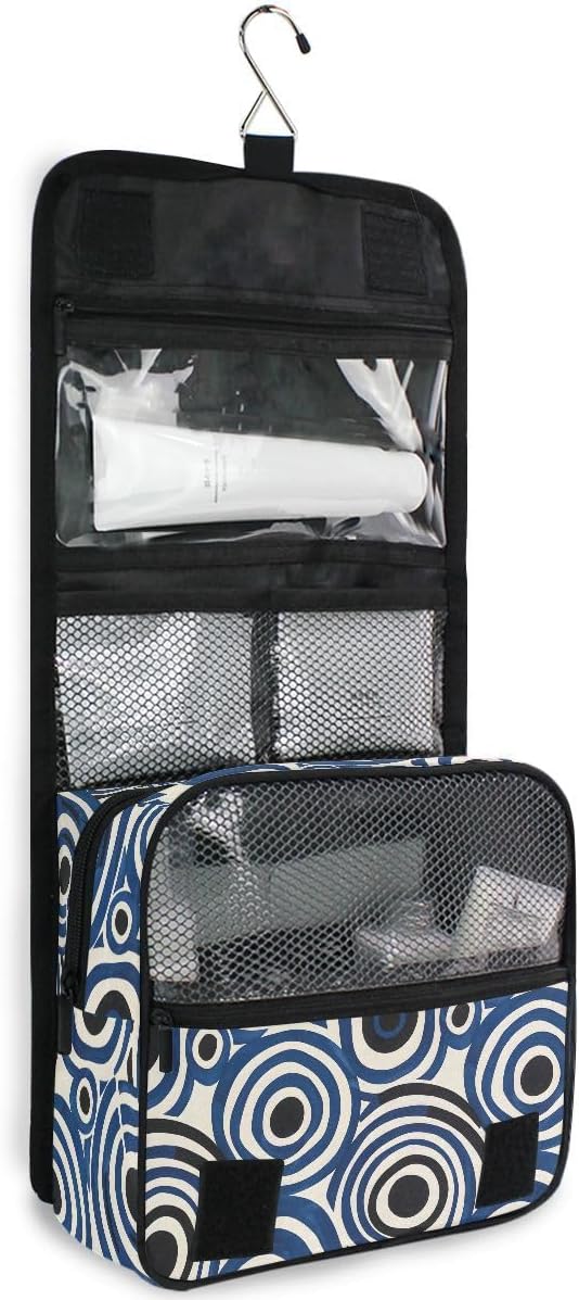 Hanging Travel Toiletry Bag White and Blue Circle Kit Makeup Case Cosmetics Organizer for Men Women