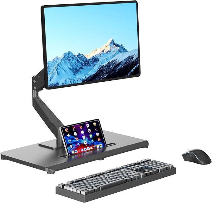 Pholiten Adjustable Monitor Arm with Gas Spring for 17-32 inch Screens,Pneumatic VESA Computer Mount with Base,Freestanding Full Motion Monitor Desk Stand Holds up to 22 lbs.