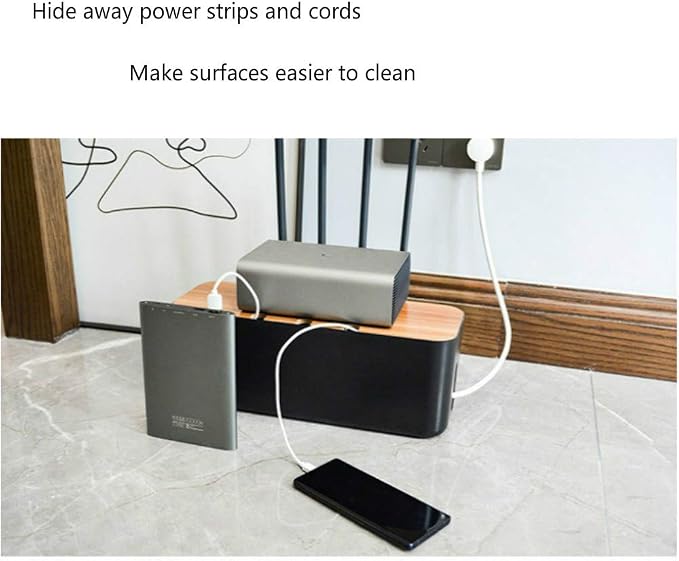 Cable Management Box| Power Stripe Organizer|Cord Organizer Box| Hide and Conceal Power Strips and Electrical Cords from TVs, Computers, and Desks| Keep Pets Safe (Black Large)