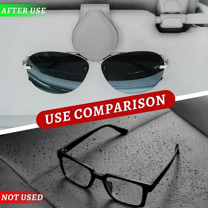 Sunglasses Holders for Car Visor, PU Leather Car Organizer, Magnetic Glasses Holder and Ticket Card Clip, Multi-Functional Auto Sun Visor Eyeglass Holder for Most Vehicles (Grey)