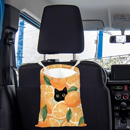 Black Cat Car Trash Bag, Orange Car Trash Bag Hanging, Orange Accessories, Summer Decor Waterproof Cars Back Seat Hanging Organizer Garbage Can for Vehicle Travelling Camping