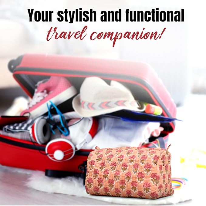 Cotton Hand Block Floral Print Toiletry Bag For Women Make Up Cosmetic Bag Jewelry Organizer Kit Storage Bag Case Travel Accessories Essentials Toiletries Purse Open Pouch, Orange (9.25"x 6.88"x 4.5")