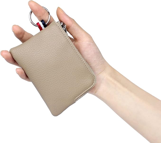 Leather Coin Purse, Change Purse for Men Women (Light khaki, standard) | Mini Coin Pouch with Zipper & 2 Keyrings, Water-resistant Genuine Leather Wallet for Pocket, Daily,Gifts