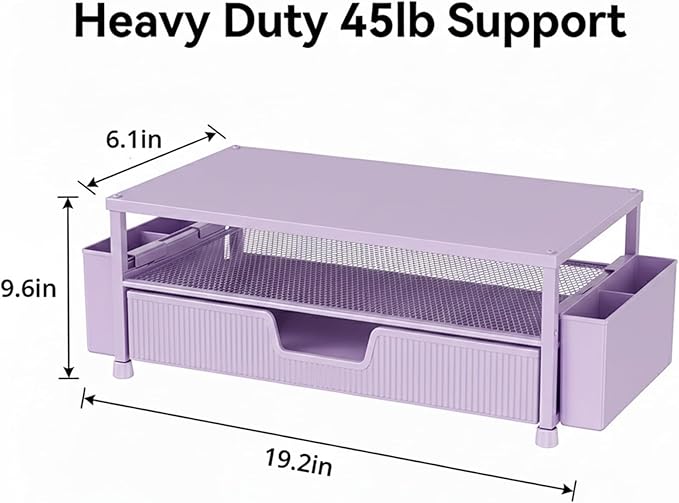 ECOLOVI Desk Organizer and Accessories, 2-Tier Computer Monitor Stand Rise with Storage Drawer & 2 Pen Holders, Laptop & Printer Stand for Desktop, Workspace Organizers for Office Supplies (Purple)
