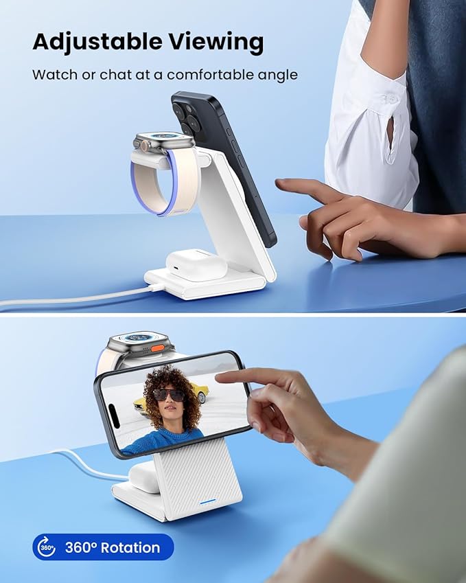 3 in 1 Wireless Charging Station, Foldable Magnetic Wireless Charger Stand for Multiple Devices, Wireless Charger for iPhone 16/15/14/13/12, Apple Watch 9/8/7/6/SE/5/4/3/2, AirPods 3/2/Pro