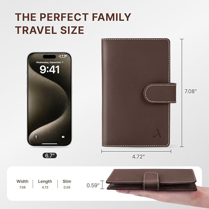 ALLIVE Family Passport Holder, Rfid Blocking Passport Wallet with AirTag Slot, Genuine Leather Travel Document Organizer for Women & Men, Airport Essentials, Travel Gift (Coffee Brown)