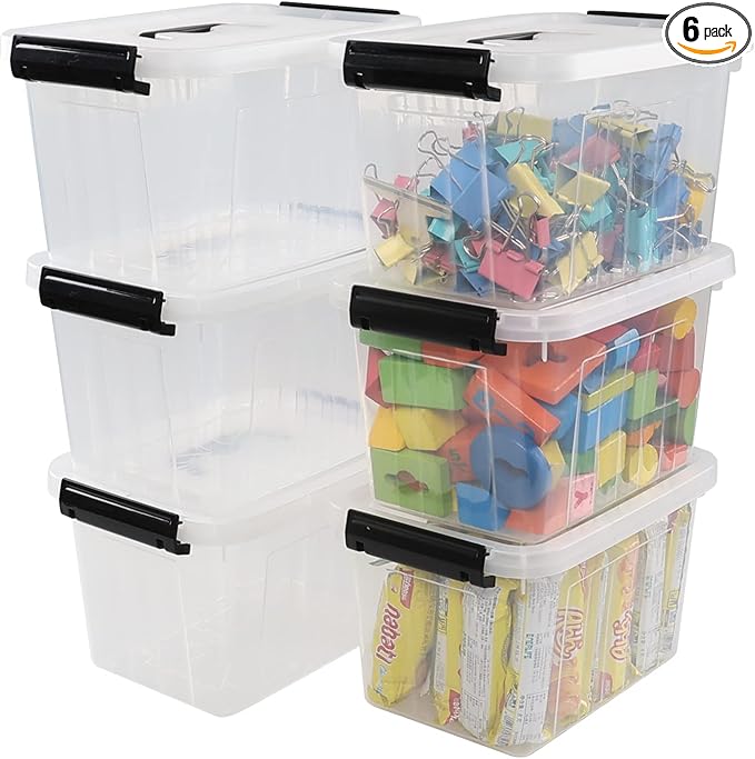 Sandmovie 6 Quart Clear Plastic Storage Bins with Lids, 6 Packs