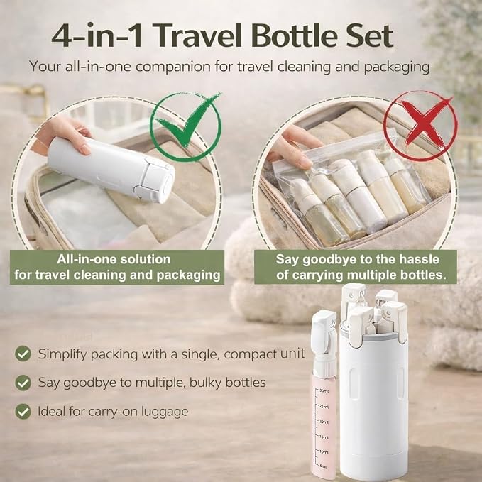 4 in 1 Travel Dispenser, 4 Pack 30ML Travel Bottles for Toiletries, Leak Proof Travel Size Containers, Portable for Shampoo Lotion Conditioner Cream (White)