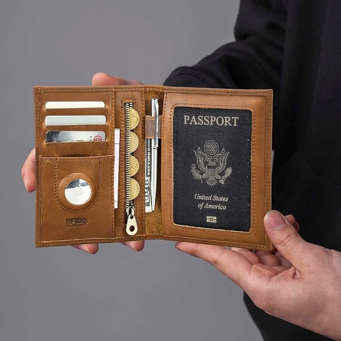 CONTACTS Full Grain Leather Passport Holder RFID Blocking Travel Passport Wallet Compatible with Airtag for Men and Women Passport Cover Case with 4 Cards Slots, Coin Pocket (Badge, Camel Brown)