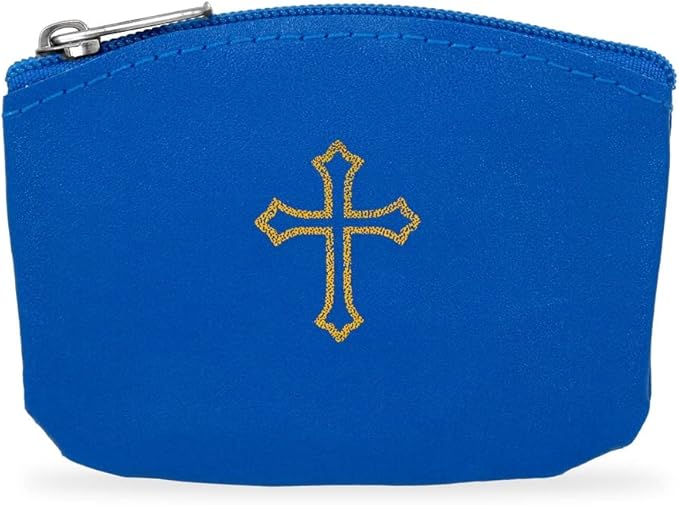 Blue Rosary Pouch with Zipper & Gold St. Thomas Cross Imprint | Compact Leatherette Rosary Case for Small to Medium Rosaries | Protective Travel Rosary Holder for Men & Women