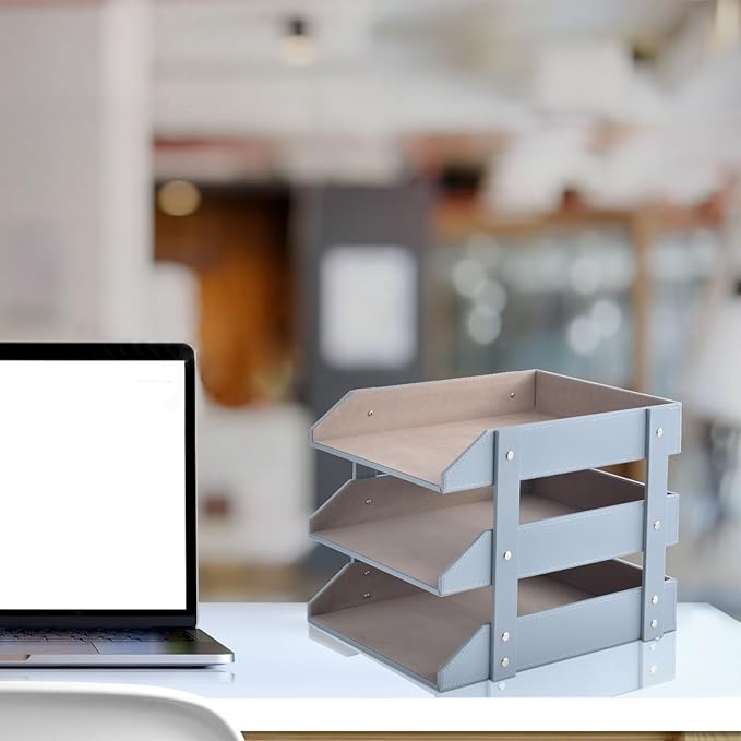 Leather Desk Organize Holder,3-Layer Stackable Letter Tray,Used to Store documents,Folders,Stationery,Magazines,Paper,and Other Home Office Supplies,Desk File Rack (Grey)