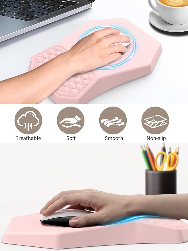 3-in-1 Ergonomic Keyboard Stand with Wrist Rest & Mouse Pad Set, Comfy Keyboard Riser Holder Soft Mousepad with Massage Design, Memory Foam and Non-Slip PU Base for Pain Relief, Pink