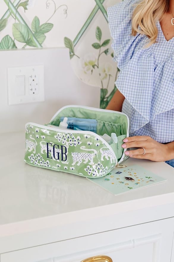 Personalized Flat Lay Makeup Bag - Clear-Coated Embroidered Cosmetic Organizer, Monogrammed Wide-Open Travel Pouch with Easy-Access Interior, Handmade Gift for Women (Willow)