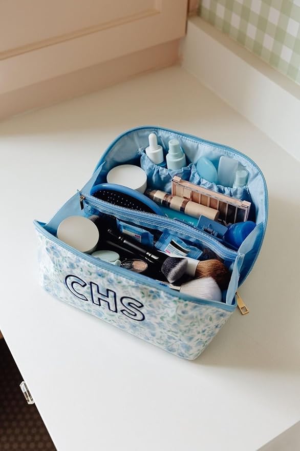 Personalized Flat Lay Makeup Bag - Clear-Coated Embroidered Cosmetic Organizer, Monogrammed Wide-Open Travel Pouch with Easy-Access Interior, Handmade Gift for Women (Dahlia)