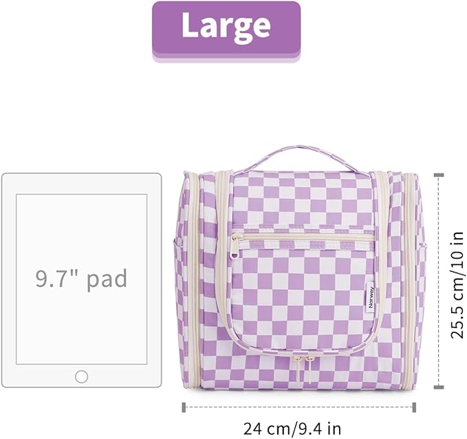 Narwey Checkered Hanging Travel Toiletry Bag for Women, Travel Bag for Toiletries, Makeup Bag Organizer Cosmetic Bags Make Up Bags for Women (Purple Checkerboard)