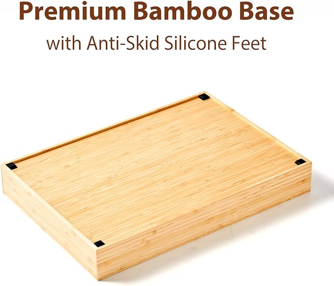 Umilife Large Bamboo Desk Drawer Organizer, Wood Office Junk Tray, 15"x12" | 2.4" Tall for Deep Drawer - Adjustable slots - Anti Slip Silicone Pads - Versatile Storage Box in Kitchen, Pantry