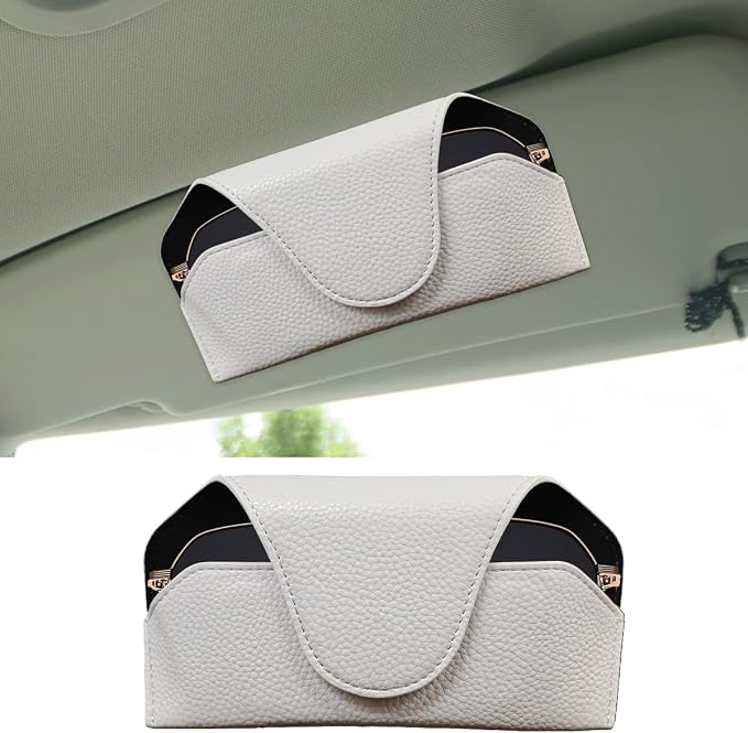 Sunglass Holder for Car Visor, Magnetic Leather Auto Sun Visor Eyeglasses Protective Storage Case with Mount Clip, Vehicle Interior Eyewear Organizer Accessory for Most Cars (White)