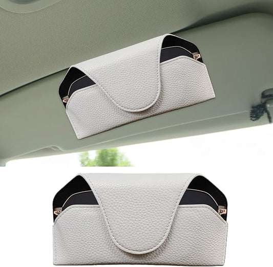 Sunglass Holder for Car Visor, Magnetic Leather Auto Sun Visor Eyeglasses Protective Storage Case with Mount Clip, Vehicle Interior Eyewear Organizer Accessory for Most Cars (White)